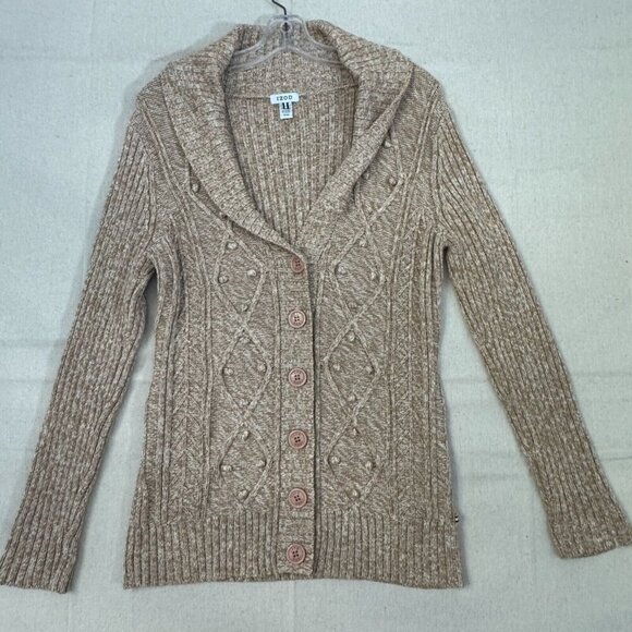 Izod Heather Tan Textured Geometric Print Knit Cardigan Sweater Shawl Collar M - Picture 1 of 13